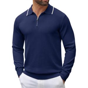 imageCOOFANDY Mens Knit Polo Shirt Long Sleeve Quarter Zip Polo Sweater Casual Golf Shirts Vintage Striped Collar PoloNavy Blue