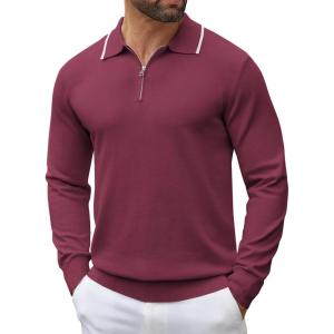 imageCOOFANDY Mens Knit Polo Shirt Long Sleeve Quarter Zip Polo Sweater Casual Golf Shirts Vintage Striped Collar PoloWine Red