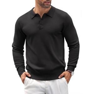 imageCOOFANDY Mens Knit Polo Shirts Casual Long Sleeve Classic Polo Shirts Button Down Golf ShirtsBlack
