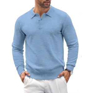 imageCOOFANDY Mens Knit Polo Shirts Casual Long Sleeve Classic Polo Shirts Button Down Golf ShirtsBlue