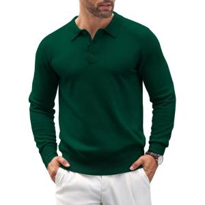 imageCOOFANDY Mens Knit Polo Shirts Casual Long Sleeve Classic Polo Shirts Button Down Golf ShirtsDark Green