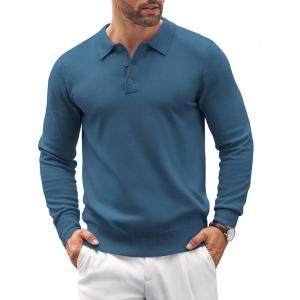 imageCOOFANDY Mens Knit Polo Shirts Casual Long Sleeve Classic Polo Shirts Button Down Golf ShirtsDenim Blue