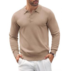 imageCOOFANDY Mens Knit Polo Shirts Casual Long Sleeve Classic Polo Shirts Button Down Golf ShirtsKhaki