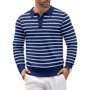 imageCOOFANDY Mens Knit Polo Shirts Casual Long Sleeve Classic Polo Shirts Button Down Golf ShirtsNavy Stripes