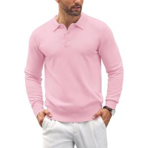 imageCOOFANDY Mens Knit Polo Shirts Casual Long Sleeve Classic Polo Shirts Button Down Golf ShirtsPink