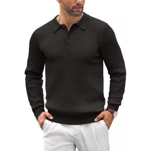imageCOOFANDY Mens Knit Polo Shirts Casual Long Sleeve Classic Polo Shirts Button Down Golf ShirtsRibbed Black