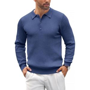 imageCOOFANDY Mens Knit Polo Shirts Casual Long Sleeve Classic Polo Shirts Button Down Golf ShirtsRibbed Blue