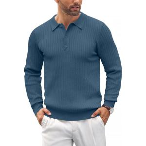 imageCOOFANDY Mens Knit Polo Shirts Casual Long Sleeve Classic Polo Shirts Button Down Golf ShirtsRibbed Denim Blue