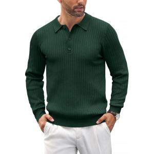 imageCOOFANDY Mens Knit Polo Shirts Casual Long Sleeve Classic Polo Shirts Button Down Golf ShirtsRibbed Green