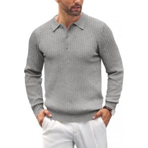 imageCOOFANDY Mens Knit Polo Shirts Casual Long Sleeve Classic Polo Shirts Button Down Golf ShirtsRibbed Grey