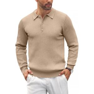 imageCOOFANDY Mens Knit Polo Shirts Casual Long Sleeve Classic Polo Shirts Button Down Golf ShirtsRibbed Khaki