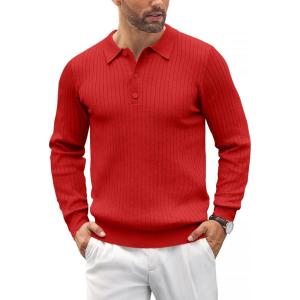 imageCOOFANDY Mens Knit Polo Shirts Casual Long Sleeve Classic Polo Shirts Button Down Golf ShirtsRibbed Red