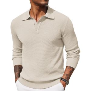 imageCOOFANDY Mens Knit Polo Shirts Long Sleeve Casual Polo Sweaters Shirt Waffle Textured Collared SweaterCream
