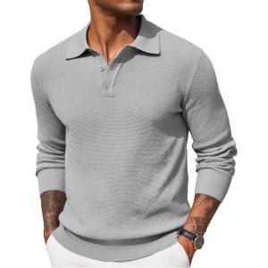 imageCOOFANDY Mens Knit Polo Shirts Long Sleeve Casual Polo Sweaters Shirt Waffle Textured Collared SweaterLight Grey