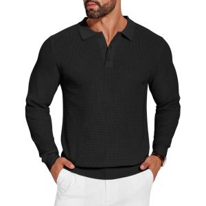 imageCOOFANDY Mens Knit Polo Shirts Long Sleeve Sweater Casual Polo Shirts Lightweight Collared T Shirts01black