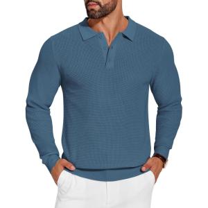 imageCOOFANDY Mens Knit Polo Shirts Long Sleeve Sweater Casual Polo Shirts Lightweight Collared T ShirtsDenim Blue