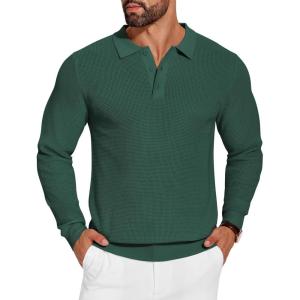imageCOOFANDY Mens Knit Polo Shirts Long Sleeve Sweater Casual Polo Shirts Lightweight Collared T ShirtsDrak Green