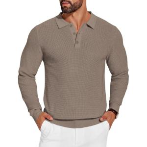 imageCOOFANDY Mens Knit Polo Shirts Long Sleeve Sweater Casual Polo Shirts Lightweight Collared T ShirtsGray Camel