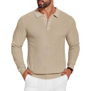 imageCOOFANDY Mens Knit Polo Shirts Long Sleeve Sweater Casual Polo Shirts Lightweight Collared T ShirtsKhaki