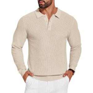 imageCOOFANDY Mens Knit Polo Shirts Long Sleeve Sweater Casual Polo Shirts Lightweight Collared T ShirtsLight Khaki