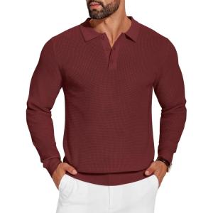 imageCOOFANDY Mens Knit Polo Shirts Long Sleeve Sweater Casual Polo Shirts Lightweight Collared T ShirtsWine Red