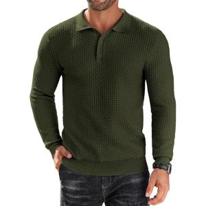 imageCOOFANDY Mens Knit Polo Shirts Long Sleeve Sweater Polo Lightweight Fashion Casual Collared T ShirtsArmy Green