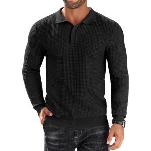 imageCOOFANDY Mens Knit Polo Shirts Long Sleeve Sweater Polo Lightweight Fashion Casual Collared T ShirtsBlack