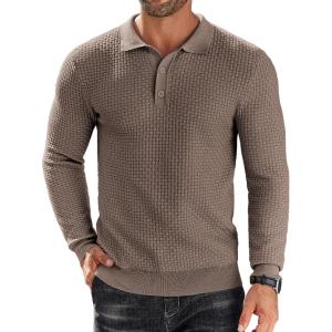 imageCOOFANDY Mens Knit Polo Shirts Long Sleeve Sweater Polo Lightweight Fashion Casual Collared T ShirtsBrown and Grey