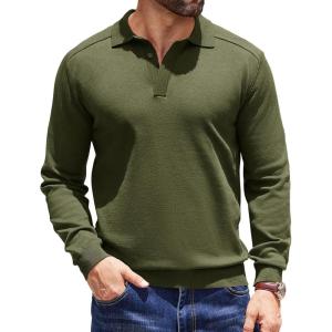 imageCOOFANDY Mens Knit Polo Sweater Long Sleeve Polo Collared Sweaters Hidden Button Casual Pullover SweaterArmy Green