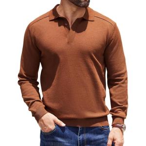 imageCOOFANDY Mens Knit Polo Sweater Long Sleeve Polo Collared Sweaters Hidden Button Casual Pullover SweaterBrown