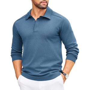 imageCOOFANDY Mens Knit Polo Sweater Long Sleeve Polo Collared Sweaters Hidden Button Casual Pullover SweaterDark Blue
