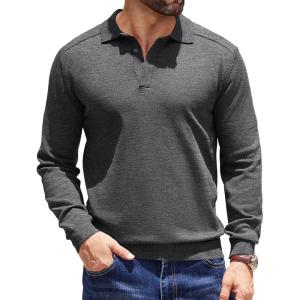 imageCOOFANDY Mens Knit Polo Sweater Long Sleeve Polo Collared Sweaters Hidden Button Casual Pullover SweaterDark Grey