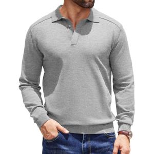 imageCOOFANDY Mens Knit Polo Sweater Long Sleeve Polo Collared Sweaters Hidden Button Casual Pullover SweaterLight Grey