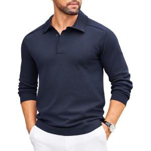 imageCOOFANDY Mens Knit Polo Sweater Long Sleeve Polo Collared Sweaters Hidden Button Casual Pullover SweaterNavy Blue