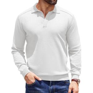 imageCOOFANDY Mens Knit Polo Sweater Long Sleeve Polo Collared Sweaters Hidden Button Casual Pullover SweaterWhite