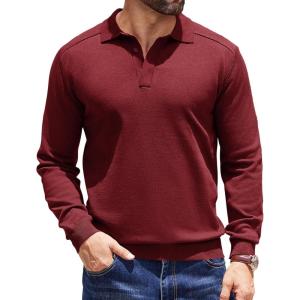 imageCOOFANDY Mens Knit Polo Sweater Long Sleeve Polo Collared Sweaters Hidden Button Casual Pullover SweaterWine Red