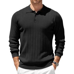 imageCOOFANDY Mens Knit Polo Sweater Long Sleeve Polos Lightweight Casual Dress Pullover SweatersBlack