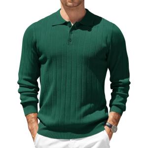 imageCOOFANDY Mens Knit Polo Sweater Long Sleeve Polos Lightweight Casual Dress Pullover SweatersDark Green