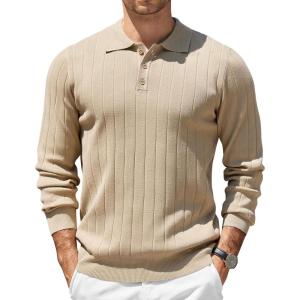 imageCOOFANDY Mens Knit Polo Sweater Long Sleeve Polos Lightweight Casual Dress Pullover SweatersKhaki