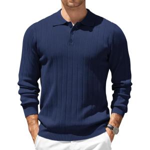 imageCOOFANDY Mens Knit Polo Sweater Long Sleeve Polos Lightweight Casual Dress Pullover SweatersNavy Blue