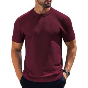 imageCOOFANDY Mens Knit TShirts Short Sleeve Crewneck Shirt Casual Textured Pullover TeesWine Red