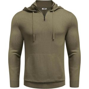 imageCOOFANDY Mens Knitted Hoodie Sweater Long Sleeve Turtleneck Quarter Zip Pullover Sweaters with PocketArmy Green
