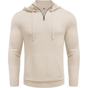 imageCOOFANDY Mens Knitted Hoodie Sweater Long Sleeve Turtleneck Quarter Zip Pullover Sweaters with PocketBeige