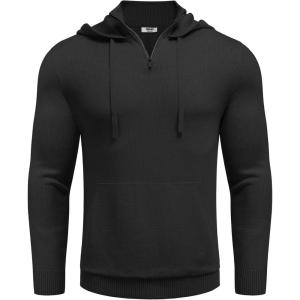 imageCOOFANDY Mens Knitted Hoodie Sweater Long Sleeve Turtleneck Quarter Zip Pullover Sweaters with PocketBlack