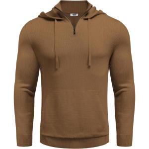 imageCOOFANDY Mens Knitted Hoodie Sweater Long Sleeve Turtleneck Quarter Zip Pullover Sweaters with PocketBrown
