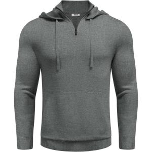 imageCOOFANDY Mens Knitted Hoodie Sweater Long Sleeve Turtleneck Quarter Zip Pullover Sweaters with PocketDark Gray