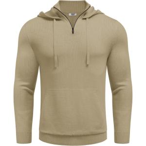 imageCOOFANDY Mens Knitted Hoodie Sweater Long Sleeve Turtleneck Quarter Zip Pullover Sweaters with PocketKhaki