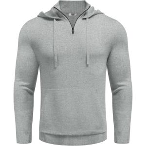 imageCOOFANDY Mens Knitted Hoodie Sweater Long Sleeve Turtleneck Quarter Zip Pullover Sweaters with PocketLight Gray