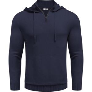 imageCOOFANDY Mens Knitted Hoodie Sweater Long Sleeve Turtleneck Quarter Zip Pullover Sweaters with PocketNavy Blue