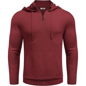 imageCOOFANDY Mens Knitted Hoodie Sweater Long Sleeve Turtleneck Quarter Zip Pullover Sweaters with PocketWine Red